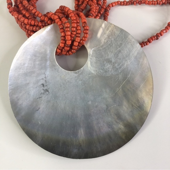 Vintage Abalone Shell & Red Seed Bead Necklace Artisan Multi-Strand Tropical - Picture 3 of 7